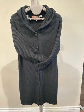 Cozy Black Hooded Rib-Knit Button Cardigan Sweater